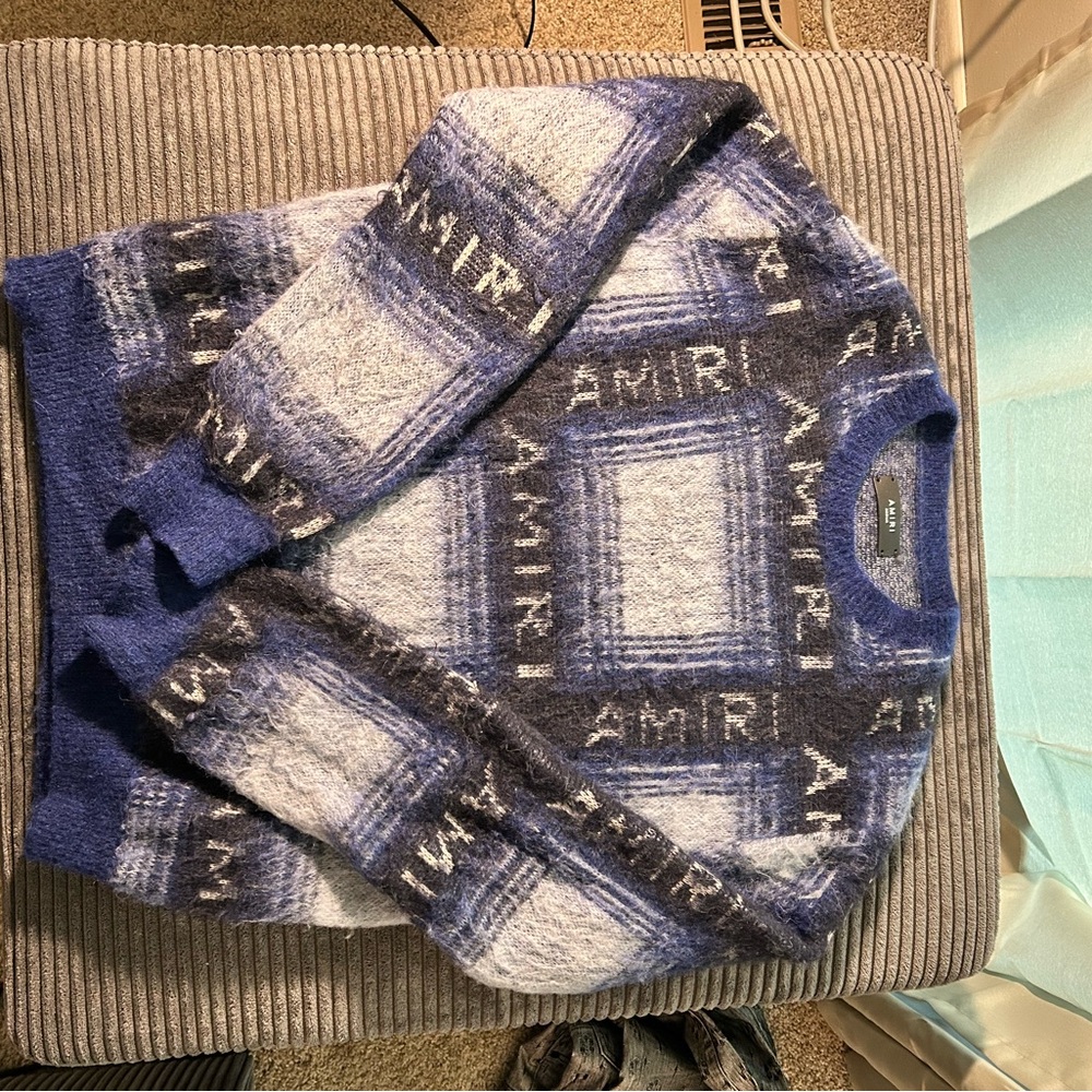 AMIRI Blue and Gray Crewneck Sweater with Geometric Pattern